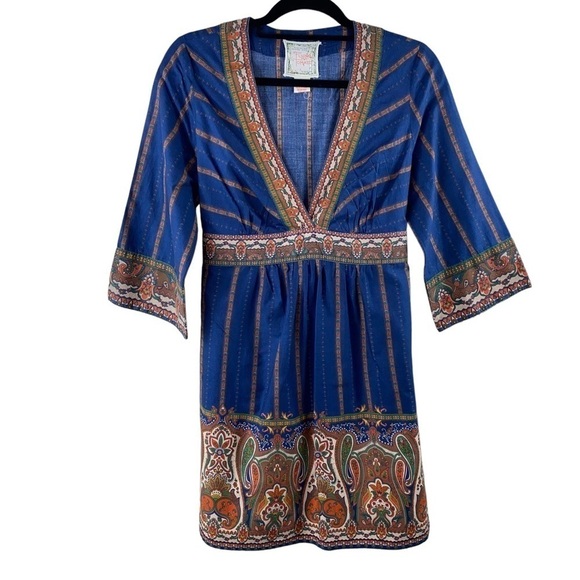 Flying Tomato Dresses & Skirts - Flying Tomato Navy Blue V-Neck Boho Mixed Print Paisley Floral Mini Dress/Tunic